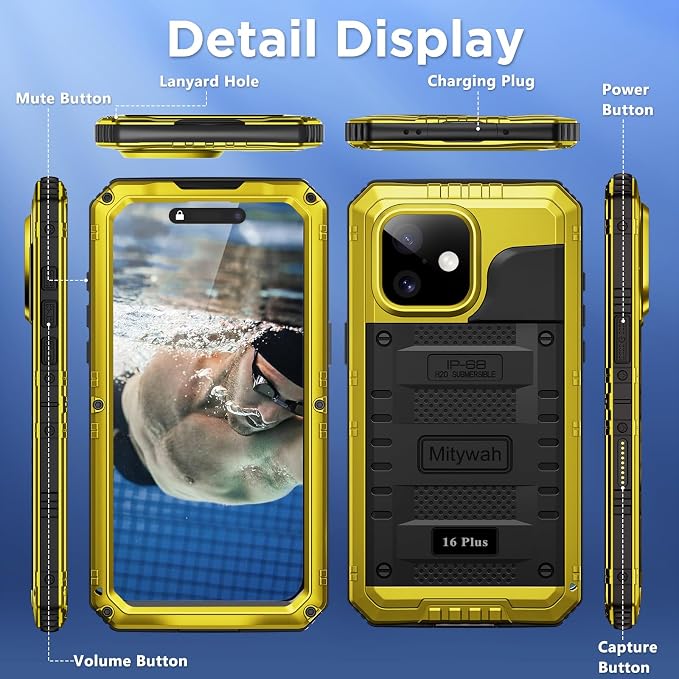 Mitywah Waterproof Case for iPhone 16 Plus, Shockproof Heavy Duty Case with Built-in Screen Protector, Underwater Full Body Protective Metal Case 6.7 inch, Yellow