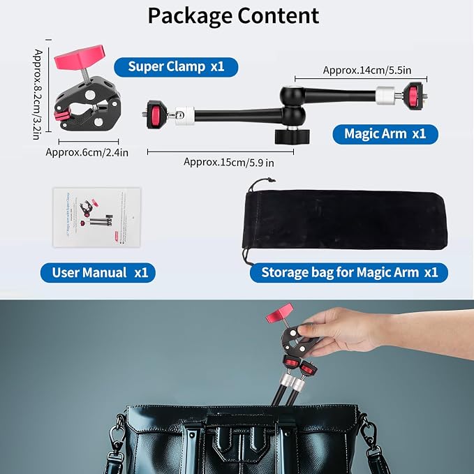 HEMMOTOP 11in Magic Arm Camera Mount Clamp, Max. Payload 5.5 LBS Articulating Arm with Anti-Twist Pins, Rotatable Pads, Adjustable Friction Arm for Monitor, LED Light, Camera Video Rig MS02