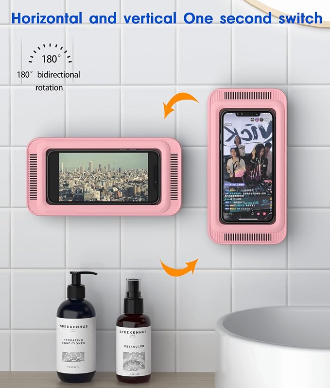 Mistriddle Waterproof Shower Phone Holder with 360° Rotation, Angle Adjustable, Enhanced Sound Quality, Wall Mounted Phone Holder for Bathroom Mirror Bathtub Kitchen, Up to 7 Inch(Pink)
