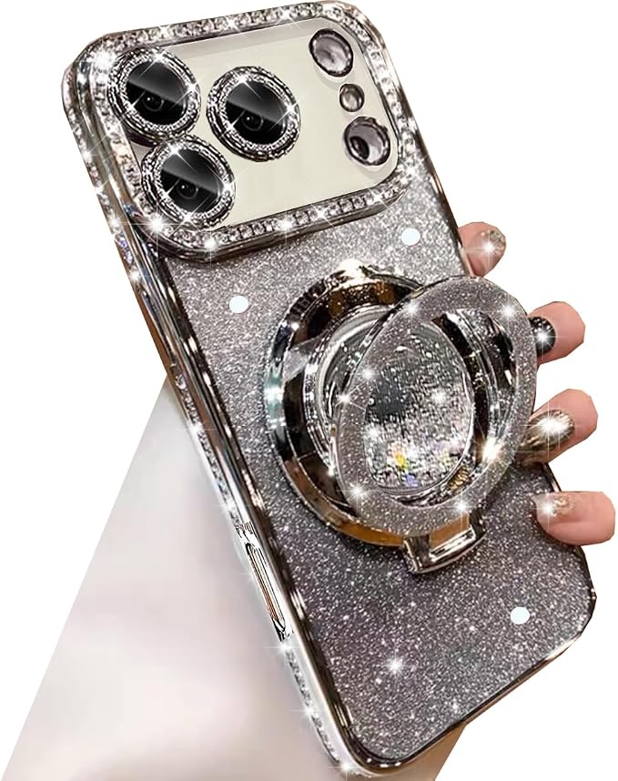 Glitter Kickstand Case for iPhone 17 Pro Max,Cute Bling Sparkly Diamond Rhinestone with Camera Lens Protector Liquid Flowing Ring Stand TPU Bumper Women Girl Case for iPhone 17 Pro Max,Silver