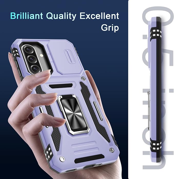 DEERLAMN Case for Samsung Galaxy A17 5G with Slide Camera Cover+Screen Protector (1 Pack), Rotated Ring Kickstand Military Grade Shockproof Protective Cover-Light Purple