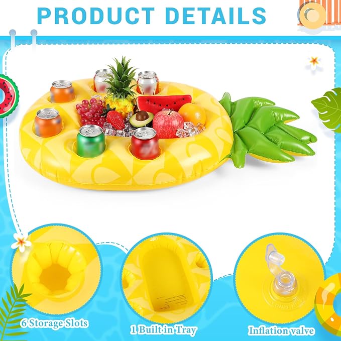 FillTouch Floating Drink Holder for Pool, Floating Cabana Bar, Hot Tub Drink Holder for Adults, Inflatable Pool Accessories(Classic Pineapple)