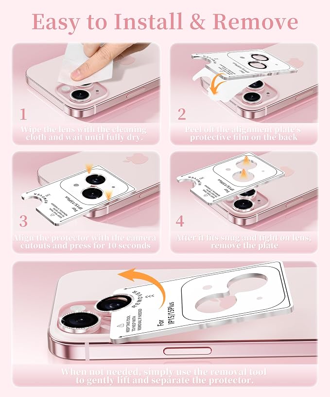 GolbinBox Camera Lens Protector for iPhone 15/15 Plus, 1:1 Invisible Fit, 9H Tempered Glass Ultra HD Metal Individual Camera Cover for Women, Case Friendly, Bling/Pink
