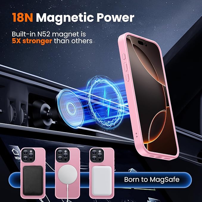 3 in 1 for iPhone 16 Pro Case with MagSafe, Screen Protector*1 Camera Lens Protector*1,Matte Skin Feeling Back Cover Military-Grade Protection for iPhone 16 Pro Phone Case 6.3 inch Pink