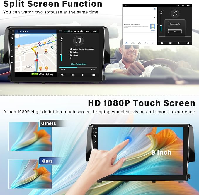 Android 13 Car Stereo Radio for Honda Civic 2016 2017 2018 2019 2020 with Wireless CarPlay Android Auto 1G+32G 9 Inch Touchscreen Bluetooth GPS Navigation WiFi HiFi FM Backup Camera MIC