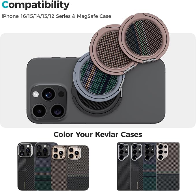 BENKS ArmorPop Magnetic Phone Grip & Stand for MagSafe, 360° Rotation Adjustable Phone Ring Holder for iPhone 17/16/15/14/13/12 Series, Durable Kevlar Design