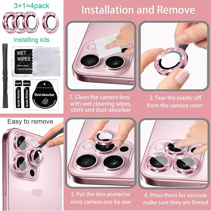 Compatible for iPhone 12/12 Mini/iPhone 12 Pro Camera Lens Protector - Cute Sparkling Glitter Luxury Bling Camera Cover for Women, Anti-Scratch, Pink