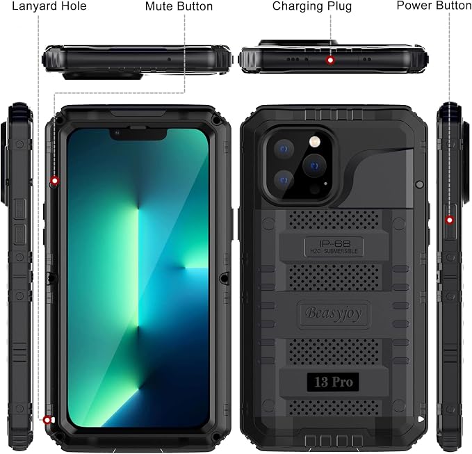 Beasyjoy Waterproof Case for iPhone 13 Pro, Metal Case with Built-in Screen Protector, Defender Full Body Protective Military Grade Heavy Duty Rugged Shockproof Phone Case 6.1 Inch, Black