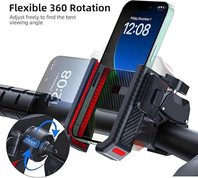 Bike Phone Mount Holder, Motorcycle Phone Mount Handlebar Clamp-Quick Lock - 360°Rotation,Electric Scooter, Mountain Bicycle Phone Clip Fit for Smartphones from 4.5-7 inches, Red 89001B