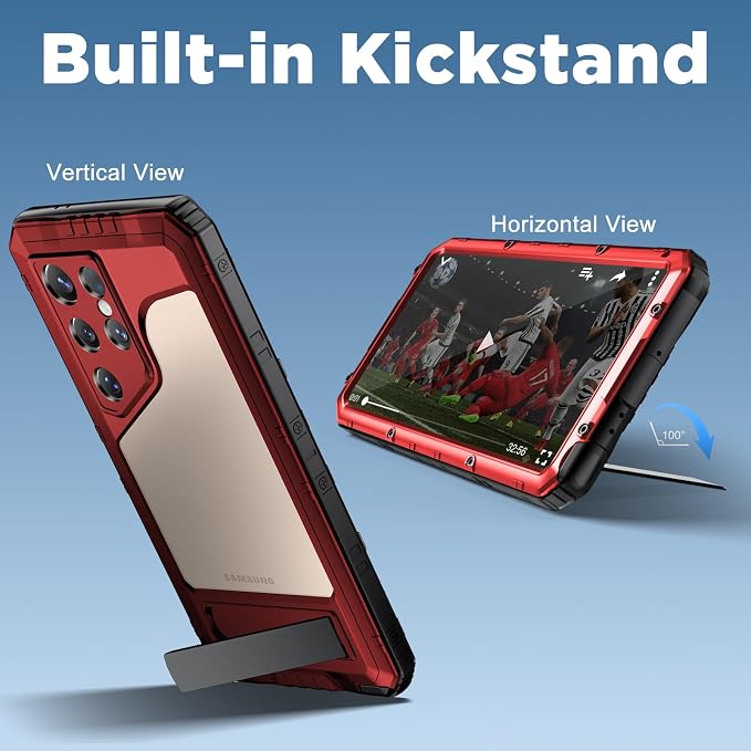 Mitywah Waterproof Case for Samsung Galaxy S25 Ultra, Heavy Duty Metal Kickstand Case, Shockproof Full Body Phone Case with Built-in Screen Protector for Samsung S25 Ultra Case Red