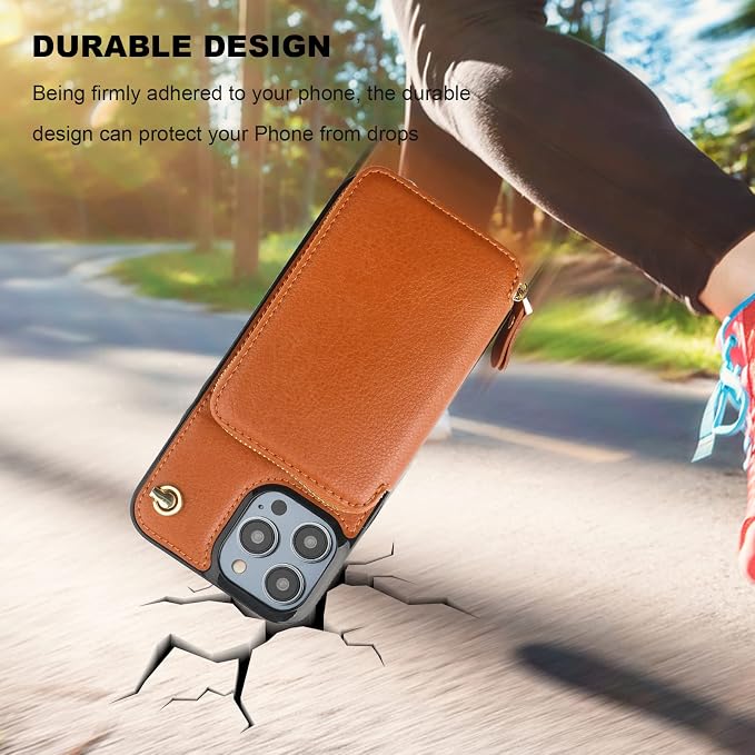 Bocasal Crossbody Wallet Case for iPhone 14 Pro Max, RFID Blocking Leather Purse Case with Card Holder, Protective Handbag Flip Cover with Zipper Wrist Strap Lanyard for Women 5G 6.7 Inch (Brown)