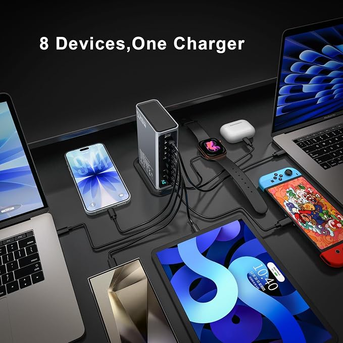 520W USB C Fast Charger Block, PD 3.1 100W 8 Port USB Charging Station, GaN Ⅲ Fast Charging Station for Multiple Devices, Laptop Wall Charger Compatible with iPhone 17/iPad/MacBook etc