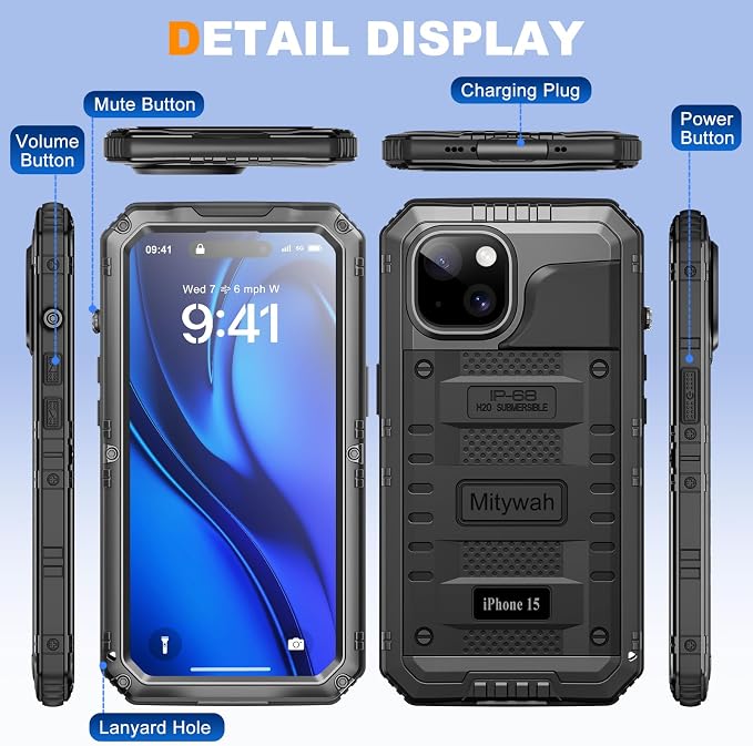 Mitywah Waterproof Case for iPhone 15, Heavy Duty Shockproof Case with Built-in Screen Protector, Full Body Underwater Protective Metal Case 6.1 inch, Black