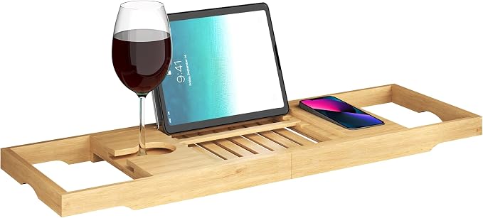 Bamboo Bathtub Tray - Wood Bath Caddy with Book, Phone, or Tablet Rest, Cup Holder, and Extended Sides for Bath Accessories by Home-Complete (Natural)
