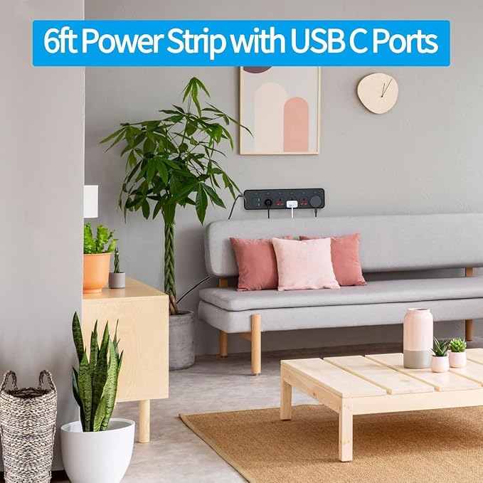 Power Strip with Individual Swtich, 6ft Extension Cord with 5 Universal Outlets and 6 USB (4 USB C), Max 3000w, 110-240v, Multiple Outlets Plug Adapter for Office Travel, UK Plug, Black