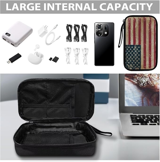 Vintage USA Flag Print Large Electronics Organizer - Travel Case, Cord Organizer, Accessories for Women