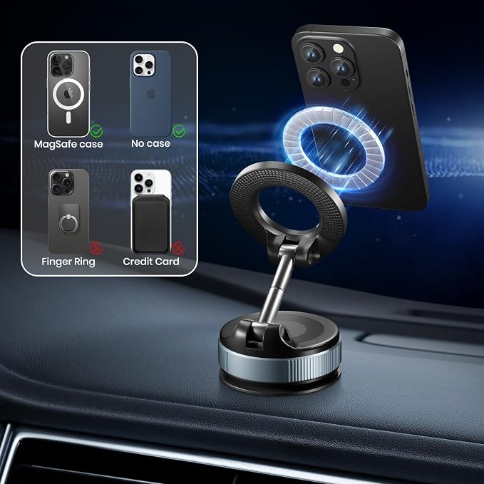 TREEFIA Upgraded 360° Vacuum Magnetic Phone Holder, Vacuum Suction Magnetic Phone Mount with Foldable Phone Holder for Car/Gym/Mirror/Smooth Surface, Suitable with All Smartphones (K007 Black)