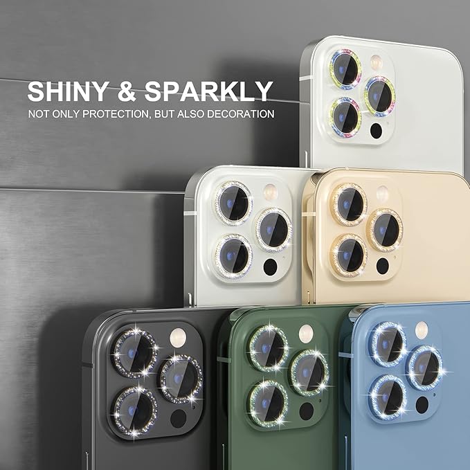 Choiche Compatible for iPhone 13 Pro/iPhone 13 Pro Max Camera Lens Protector Bling, 9H Tempered Glass Camera Cover Screen Protector Metal Ring Decoration Accessories (Glitter-Alpine Green)