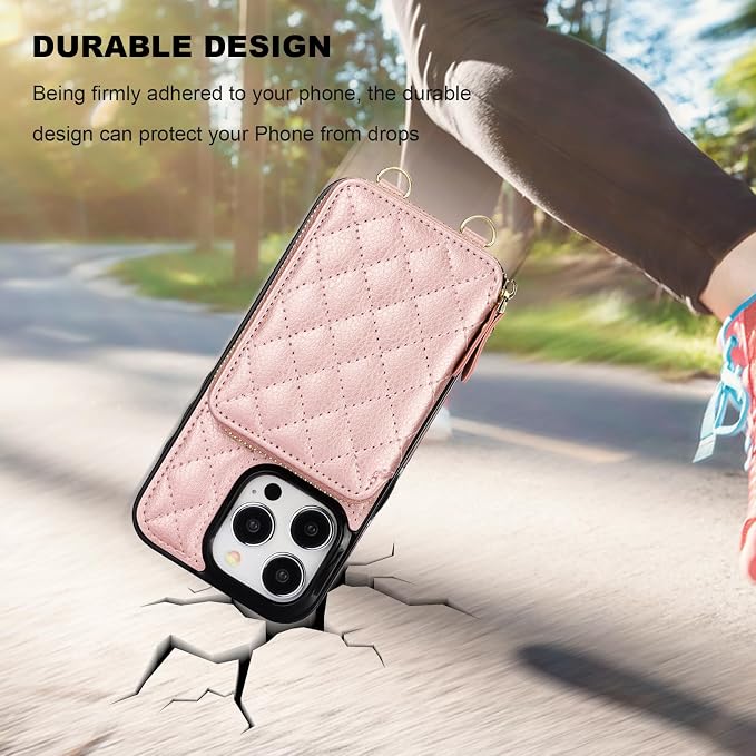 Bocasal Crossbody Wallet Case for iPhone 15 Pro, RFID Blocking PU Leather Zipper Handbag Purse Flip Cover, Kickstand Folio Case with Card Slots Holder Wrist Strap Lanyard 5G 6.1 Inch (Rose Gold)
