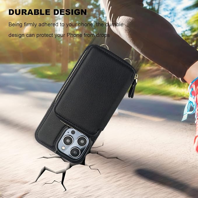 Bocasal RFID Blocking Wallet Case for iPhone 14 Pro, Adjustable Crossbody Zipper Purse Case Card Holder with Kickstand Detachable Wrist Strap, PU Leather Flip Folio Case 6.1 Inch 5G (Black)