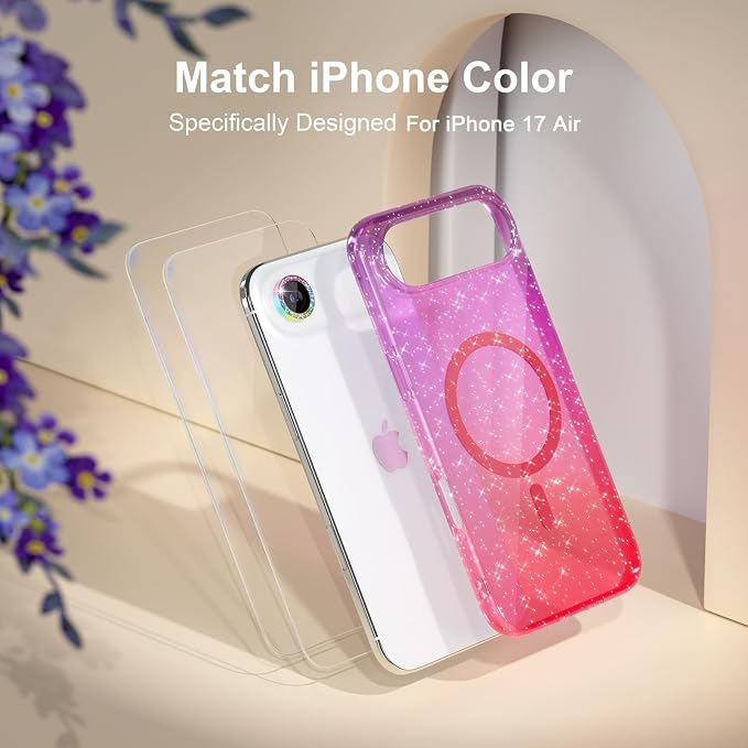 Choiche Magnetic for iPhone 17 Air Case Compatible with MagSafe, Women Cute Glitter Sparkly Phone Case with Diamond Camera Lens Protectors, Military-Grade Drop Protection 6.5" (Purple/Pink)