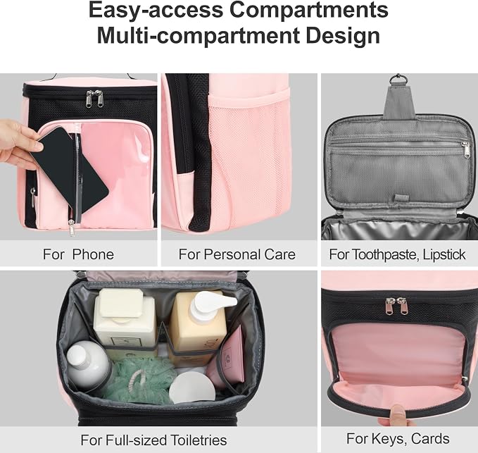 F-color Shower Caddy Portable for College Dorm Essentials - Large Hanging Sturdy Handle Toiletry Tote Bag with Hook, Multiple Pockets, Quick Dry Organizer for Camping, Travel, Gym, Light Pink
