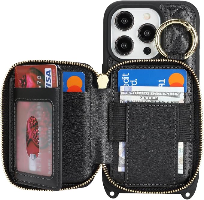 Crossbody Wallet Case for iPhone 14 Pro, PU Leather Zipper Handbag Purse Flip Cover, Kickstand Folio Case with Card Slots Holder Wrist Strap Lanyard 5G 6.1 Inch-Black