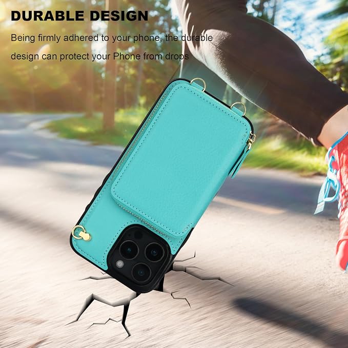 Bocasal Crossbody Wallet Case for iPhone 16 Pro Max, RFID Blocking Leather Purse Case with Card Holder, Protective Handbag Flip Cover with Zipper Wrist Strap Lanyard for Women 5G 6.9 Inch (Mint Green)