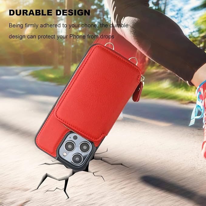 Bocasal RFID Blocking Wallet Case for iPhone 14 Pro Max, Adjustable Crossbody Zipper Purse Case with Kickstand and Detachable Wrist Strap, PU Leather Flip Folio 6.7 inch (Red)