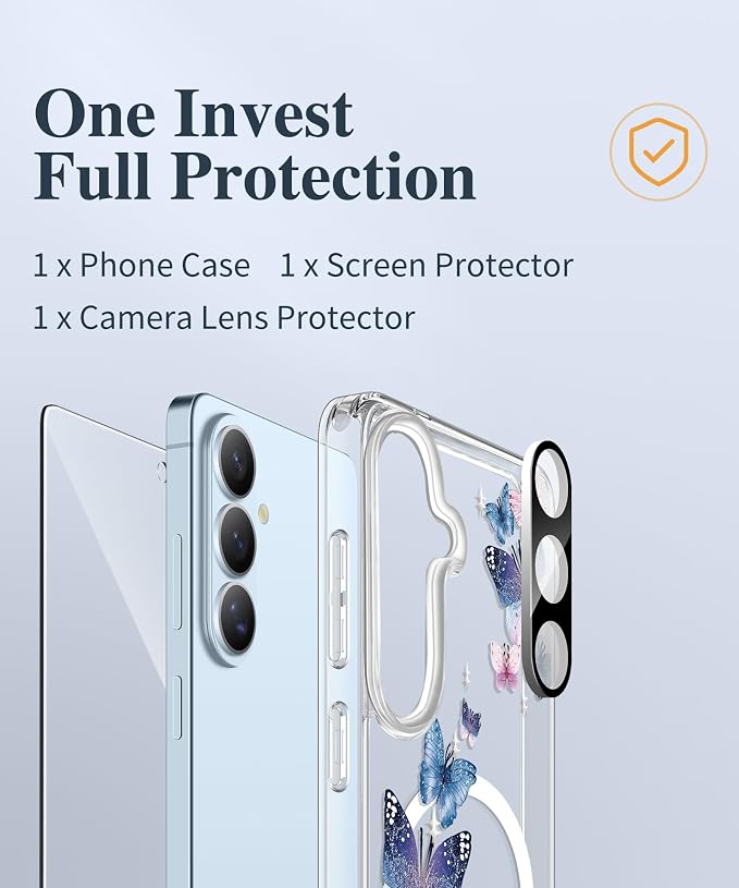 GVIEWIN for Samsung Galaxy S26 Case Compatible with MagSafe, Clear Floral Shockproof Protective Women Phone Case, Non-Yellowing, Screen & Camera Lens Protector for Galaxy S26 6.3", Colorful Butterfly
