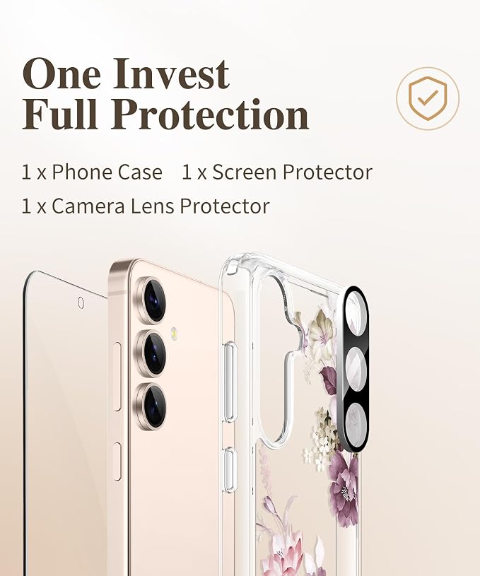 GVIEWIN for Samsung Galaxy S25 Case, Clear Floral Slim Shockproof Protective Women Phone Case, Non-Yellowing, with Screen Protector & Camera Lens Protector for Galaxy S25 6.2", Cherry Blossoms