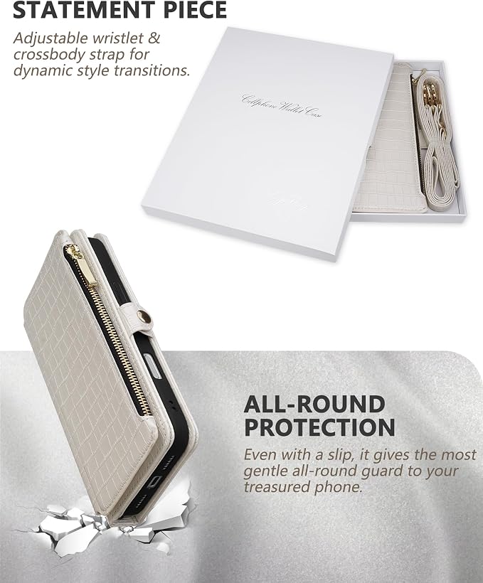 Crossbody Wallet Case for iPhone 17 Pro Max with Mirror, Wrist Strap, Zipper Purse Magnetic Flip, RFID Blocking Card Holder, Wireless Charging, PU Leather Shockproof 6.9" Women (White)
