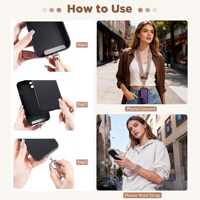 Tiostep Clip and Go Strap for Phone with Wallet Crossbody Phone Lanyard Adjustable and Anti-Theft Leather Purse with RFID Zipper Pouch for Travel Daily Life. Medium White-Brown