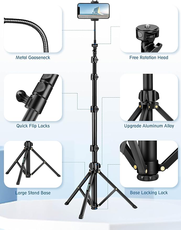 Phone Tripod, 85" Tripod for Cell Phone iPhone with Gooseneck, Aluminum Tripods Stand for Video Recording Photo Vlog, Travel Cellphone Tripod with Remote Compatible with iPhone Android