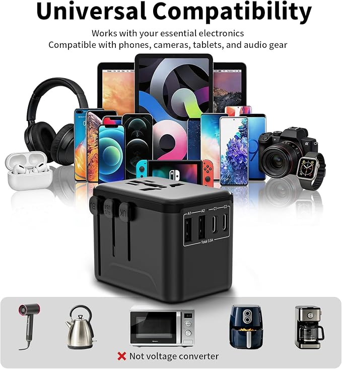 CC Store Universal Travel Adapter,European Travel Plug Adapter with 2 USB-C(17.5W) & 2 USB-A Ports(Not a Voltage Converter) – for USA, UK, EU, AU & 224+ Countries Black