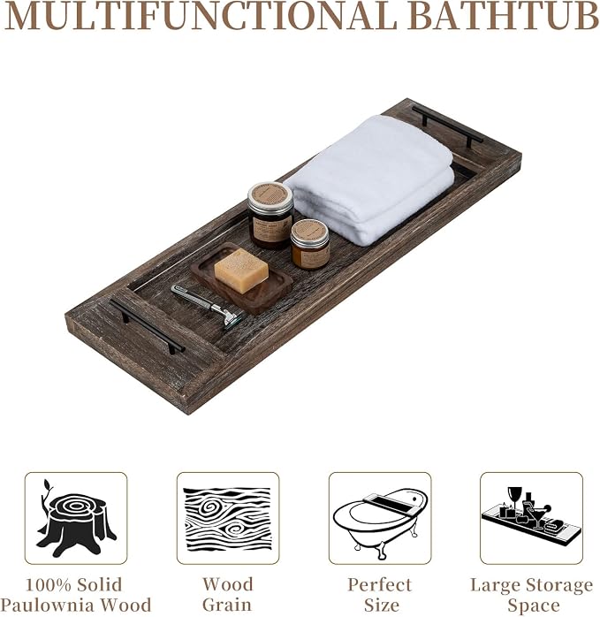 Hanobe Bathtub Tray Bath Caddy: Wood Tub Trays Table Extra Large Rustic Bathtub Shelf Across Tub Wooden Serving Tray with Handles for Bathroom, 31"