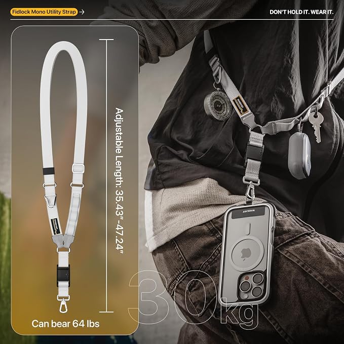 MAGEASY 20mm FidLock Mono Crossbody Utility Strap- Adjustable Crossbody Phone Lanyard with Magnetic Quick Release Buckle, Universal Durable Strap for iPhone 16 Pro Max & Most Smartphones - Galaxy Gray