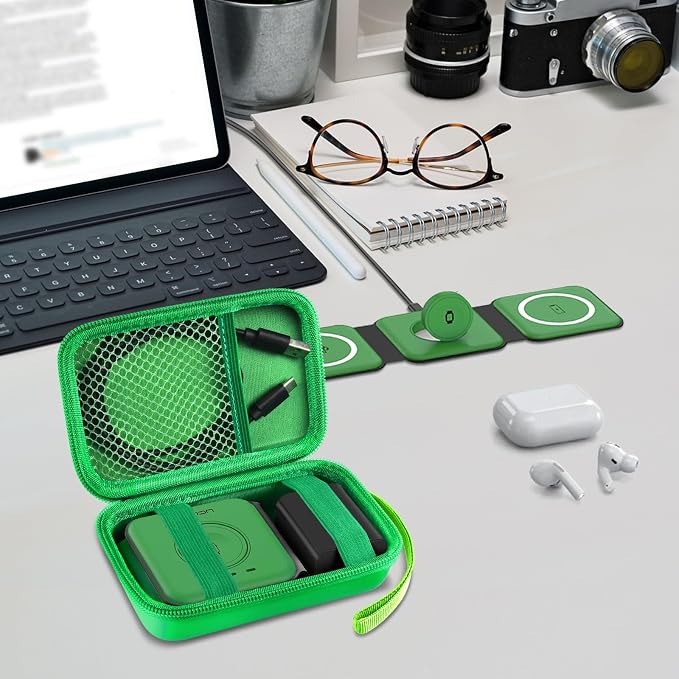 ANKHOH Travel Case for UCOMX for Nano/for Rtops/for Hicober/for Iseyyox 3 in 1 Wireless Charger, Foldable Magnetic Charging Station Storage Holder Bag for Fast Charge Pad Cable Adapter Green-Box Only