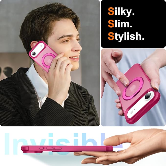 360° Magnetic Swivel Ring for iPhone 17 air case, Built-in Metal Stand and Ring Holder, Magsafe Compatible, Military Grade Protection, Shockproof - Rose Pink