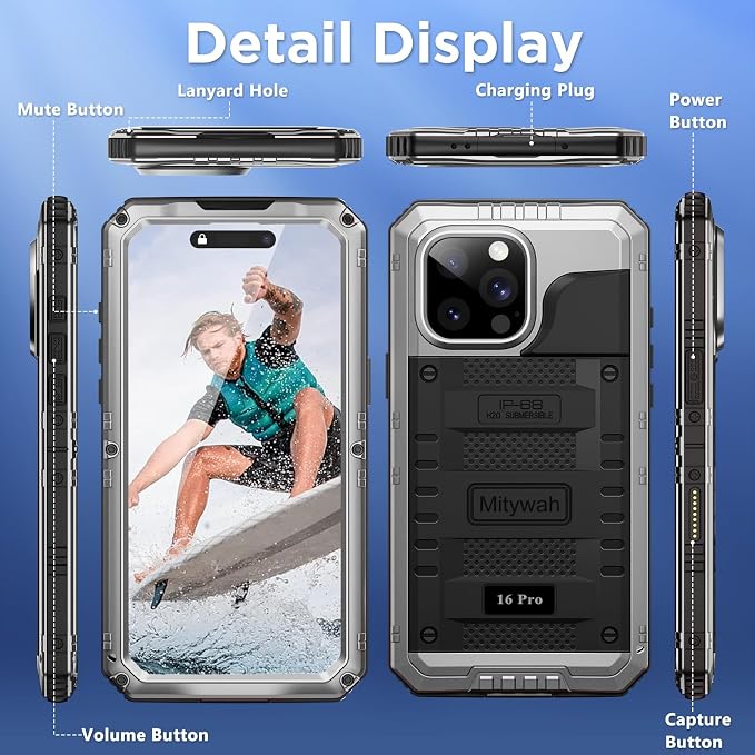 Mitywah Waterproof Case for iPhone 16 Pro, Shockproof Heavy Duty Case with Built-in Screen Protector, Underwater Full Body Protective Metal Case 6.3 inch, Silver