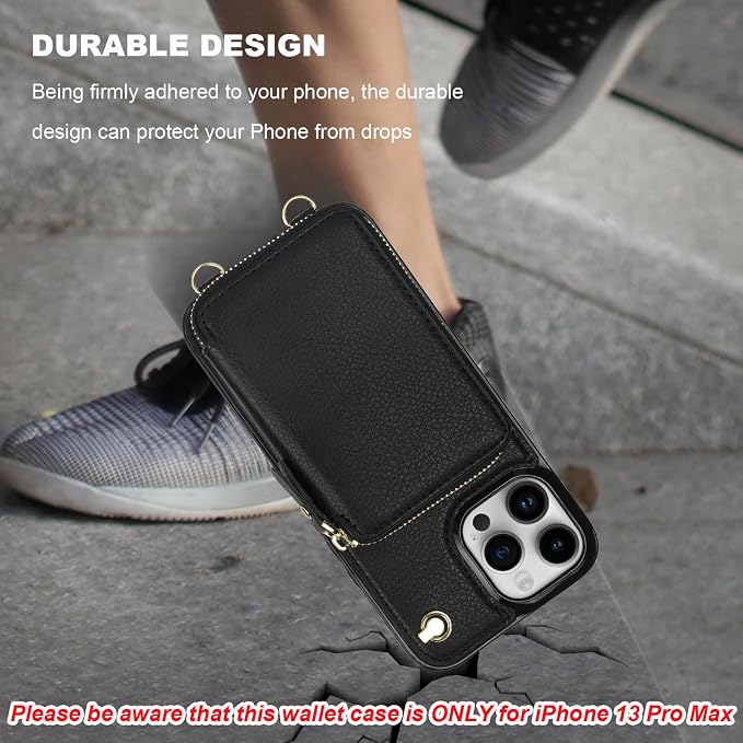 Bocasal for MagSafe Crossbody Wallet Case Compatible with iPhone 13 Pro Max, RFID Blocking Protective Purse Case with Card Slots Holder Kickstand Wrist Strap Lanyard Zipper 6.7 Inch 5G (Black)