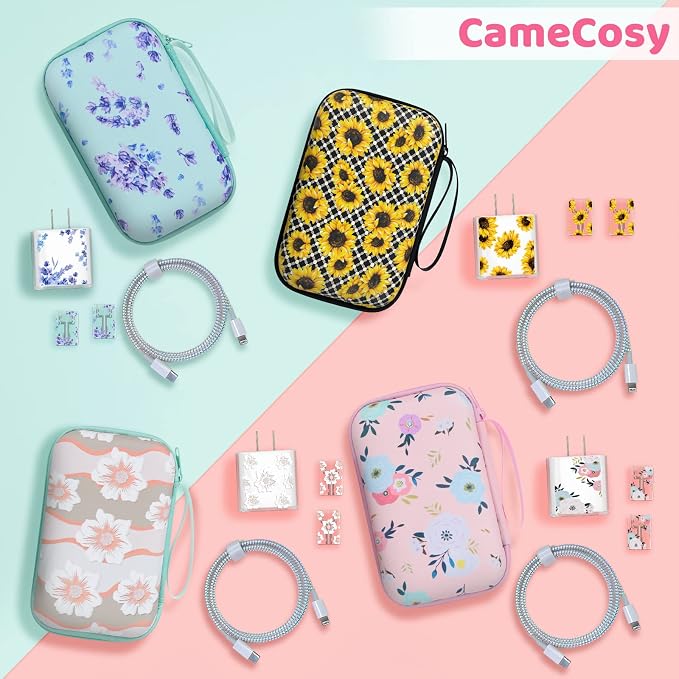 Cute DIY Cable Charger Protector Set with Electronic Organizer Bag Flowers Purple Lavender pattern Design, Soft Data Cable Line Cord Wire Saver Travel Cord Organizer Case cover Compatible for iPhone