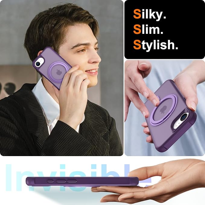 360° Magnetic Swivel Ring for iPhone 16E & 17E Case, Built-in Metal Stand and Ring Holder, Magsafe Compatible, Military Grade Protection, Shockproof - Purple