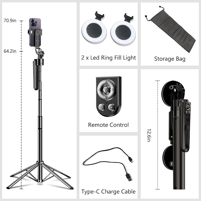 Auto Face Tracking Tripod for iPhone with Light, No APP Needed 70.9" Phone Camera Tripod Stand 360 Rotation Selfie Stick Follows Your Movement with Remote for Content Creator Vlog Live Stream