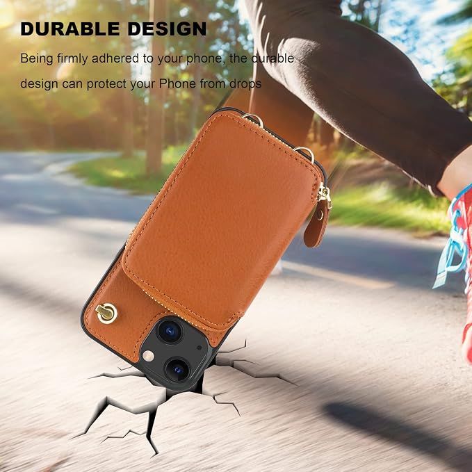 Bocasal Crossbody Wallet Case for iPhone 14 iPhone 13, RFID Blocking Leather Purse Case with Card Holder, Protective Handbag Flip Cover with Zipper Wrist Strap Lanyard for Women 5G 6.1 Inch (Brown)
