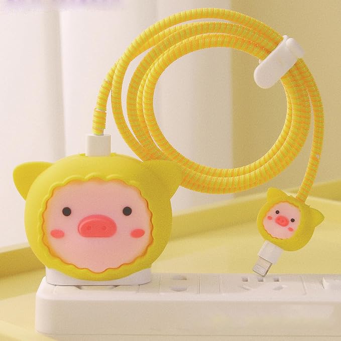 Compatible with Apple 20W/18W USB-C Adapter Charger, 3D Cartoon Protective Case for iPhone 20W USB-C Power Adapter Charger Fast Lightning Cover (Raincoat Pig)