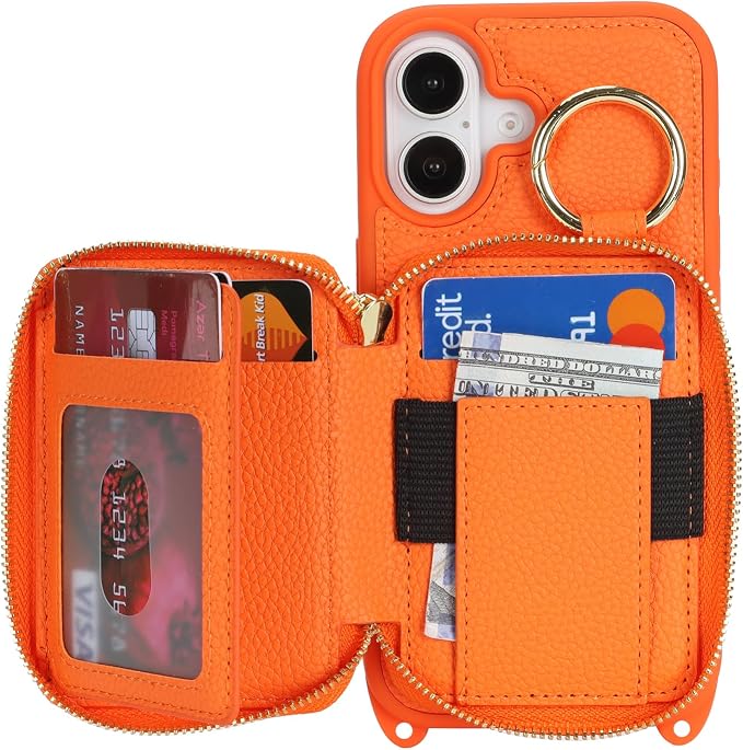 Crossbody Wallet Case for iPhone 17, PU Leather Zipper Handbag Purse Flip Cover, Kickstand Folio Case with Card Slots Holder Wrist Strap Lanyard 5G 6.3 Inch-Orange