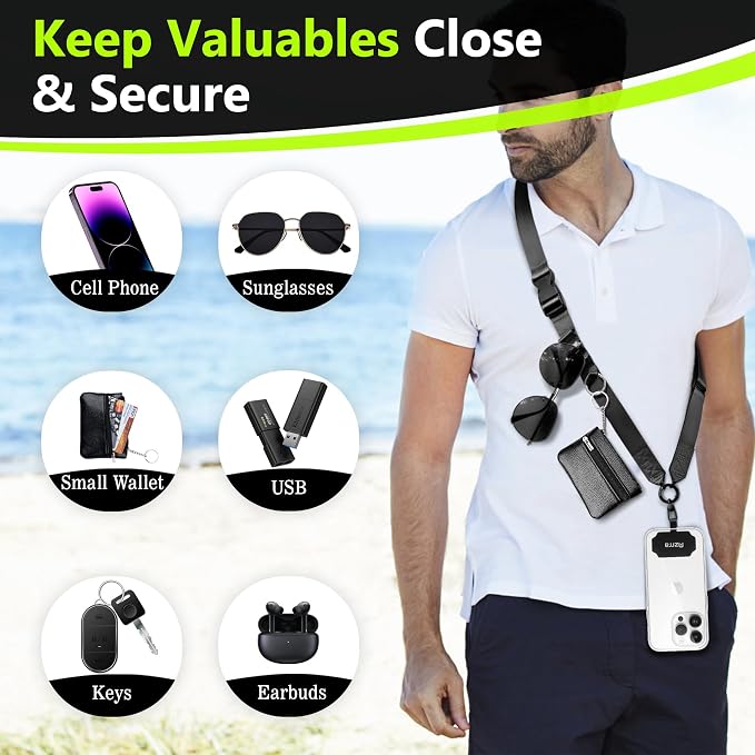 Azrra Adjustable Crossbody Cell Phone Lanyard for iPhone with Phone Tethers & Detachable Card Holder Wallet