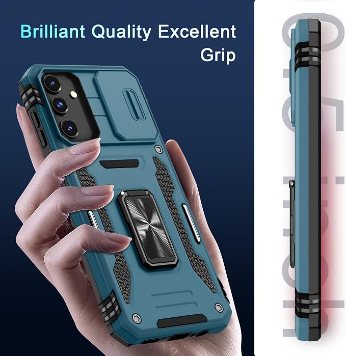 DEERLAMN Case for Samsung Galaxy A15 5G with Slide Camera Cover+Screen Protector (1 Pack), Rotated Ring Kickstand Military Grade Shockproof Protective Cover-Light Blue