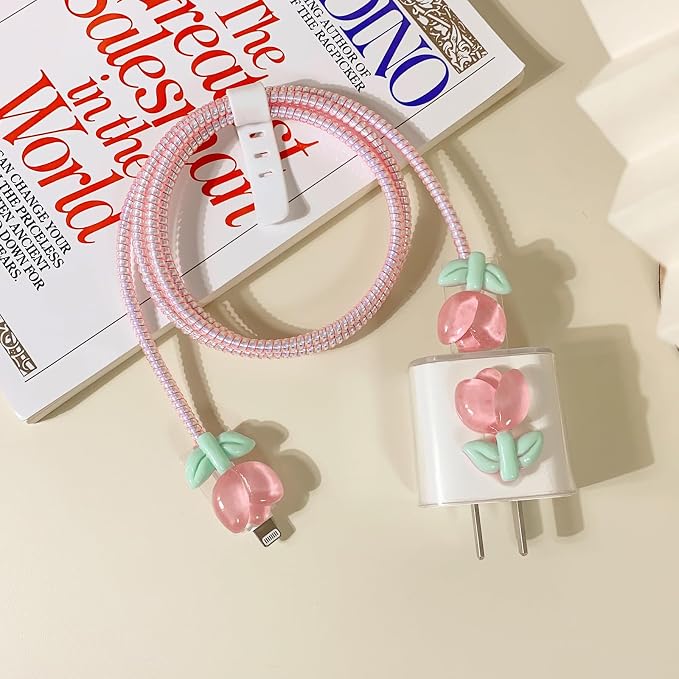 Lovmooful Compatible for iPhone 18W/20W USB-C Charger Cover Clear Lovely 3D Flower Floral Design Soft Charger Protector Cute Cable Case Saver Protector for Girls Women-Pink Tulip